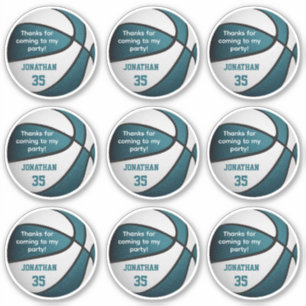 set of 9 teal white basketball party favour label