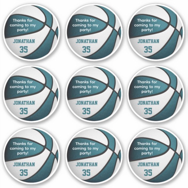 set of 9 teal white basketball party favour label (Front)