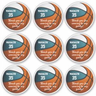 set of 9 teal white basketball party favour label