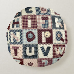 Set of alphabets letters in patchwork style. May b Round Pillow