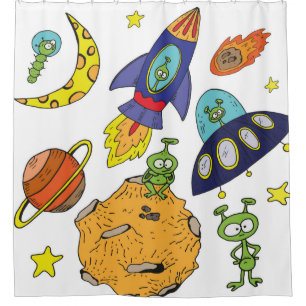 Set of cartoon illustrations about space in bright