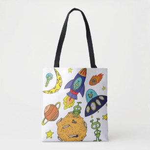 Set of cartoon illustrations about space in bright tote bag