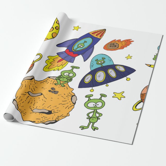 Set of cartoon illustrations about space in bright wrapping paper (Unrolled)