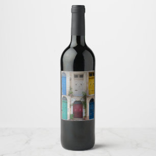 Set of colorful front doors in Malta Wine Label
