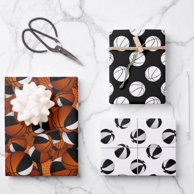 Set of coordinating black white basketball pattern wrapping paper sheet (Front)