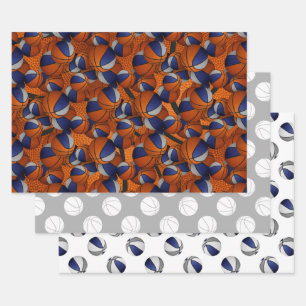 Set of coordinating blue grey basketball pattern wrapping paper sheet