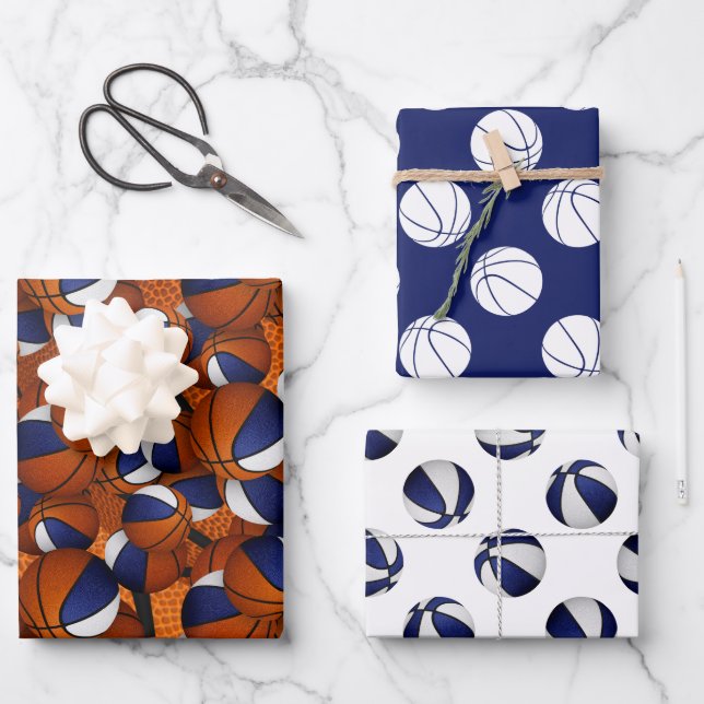 Set of coordinating blue white basketball pattern wrapping paper sheet (Front)