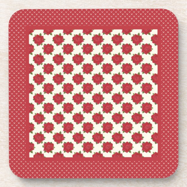 Set of Cork-backed Coasters: Deep Red Roses Coaster (Front)