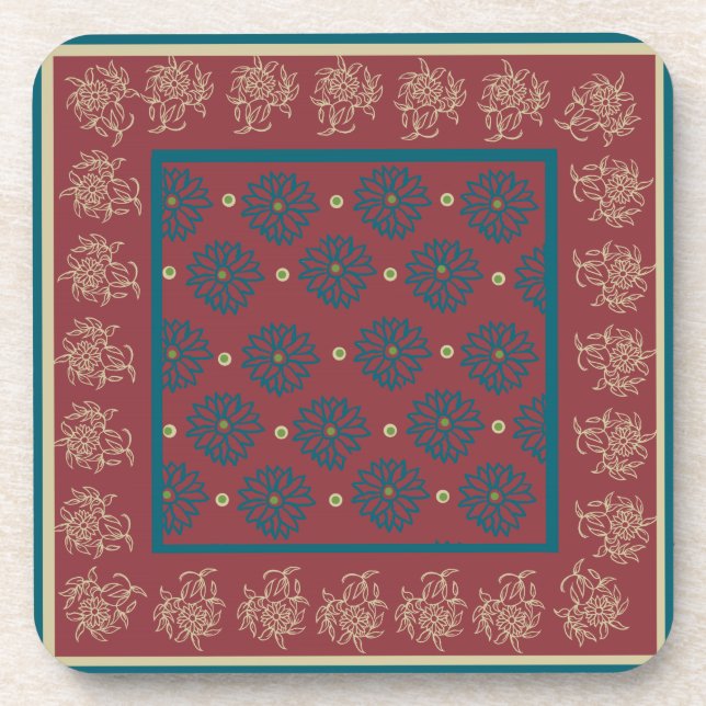 Set of Cork-backed Coasters, Maroon, Blue Floral Coaster (Front)