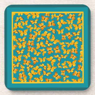 Set of Cork Coasters, Golden Butterflies on Blue Coaster