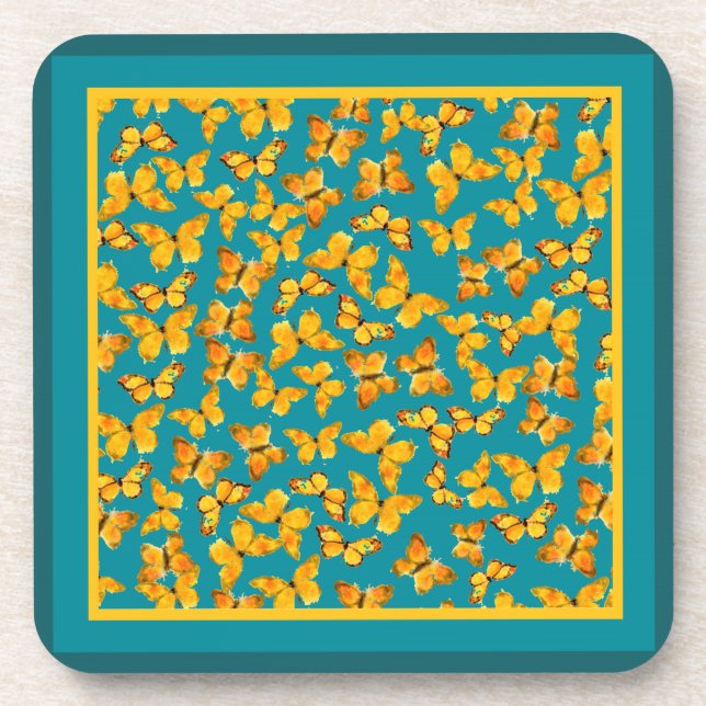 Set of Cork Coasters, Golden Butterflies on Blue Coaster (Front)