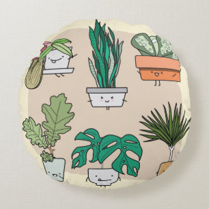 Set of cute house plants in pots. Colourful botani Round Pillow