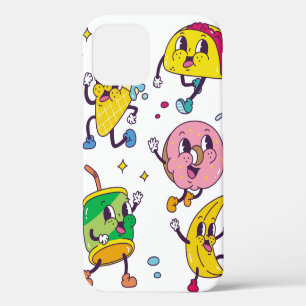 Set of food and drink in retro cartoon style illus iPhone 12 case