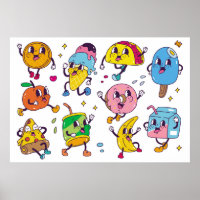 Set of food and drink in retro cartoon style illus