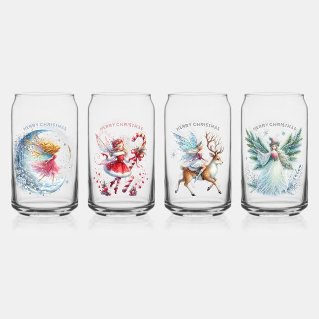 Set Of Four Christmas Fairies Merry Christmas Can Glass (Back)