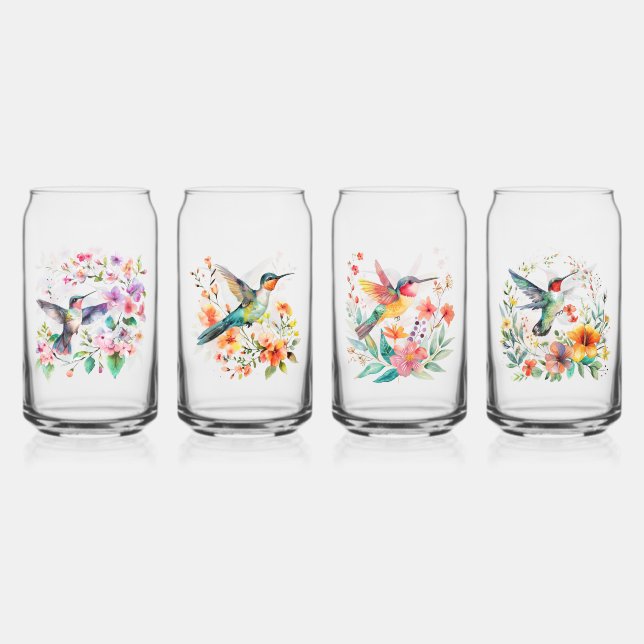 Set Of Four Hummingbirds Floral Wreath Can Glass (Front)