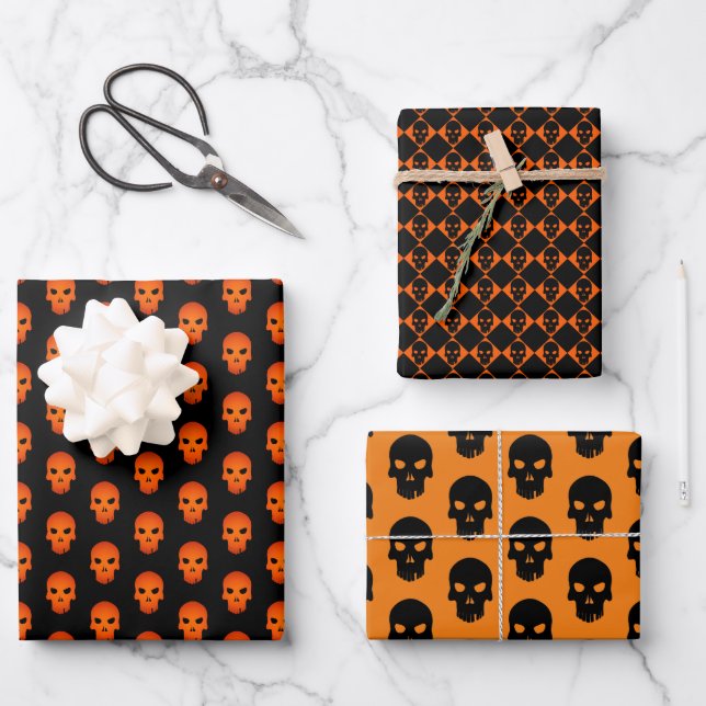 Set of Halloween Black & Orange Skulls Wrapping Paper Sheet (Front)