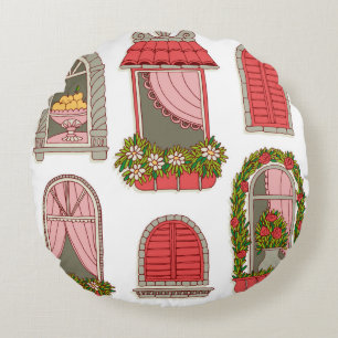 set of illustrations with a vintage windows round pillow