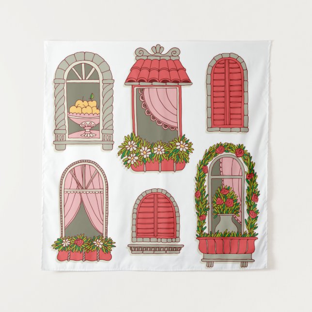 set of illustrations with a vintage windows tapestry (Front)