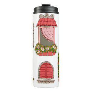 set of illustrations with a vintage windows thermal tumbler