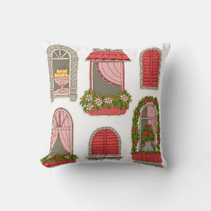 set of illustrations with a vintage windows throw pillow