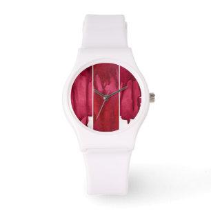 Set of red watercolor abstract hand painted watch