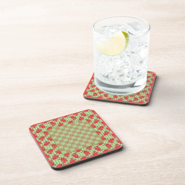 Set of Square Coasters: Red Dragons, Green Gingham Coaster (Right Side)