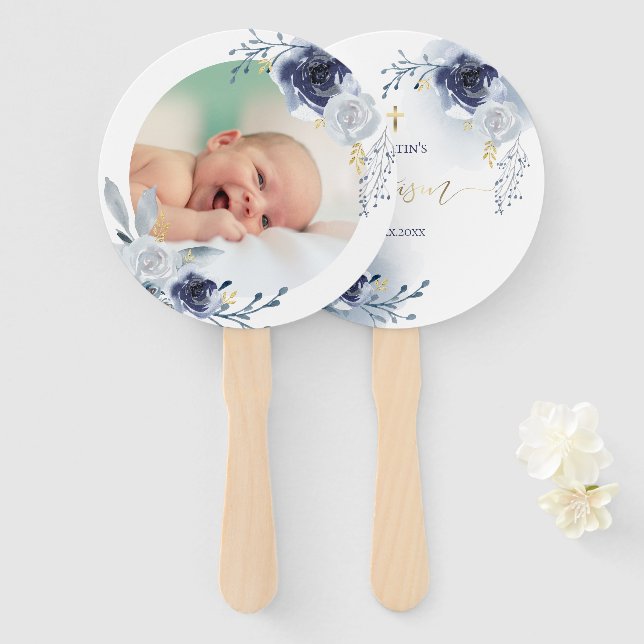 set of ten watercolor blue roses Baptism Hand Fan (Front and Back)