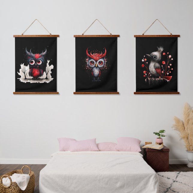 Set of Three Black and Red Angry Abstract Birds Hanging Tapestry (Bedroom)
