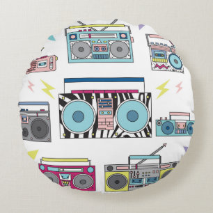 Set of various vintage cassette players. Retro 80s Round Pillow