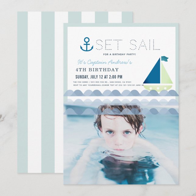 Set Sail Sailboat Blue Boy Birthday Photo Invitation (Front/Back)