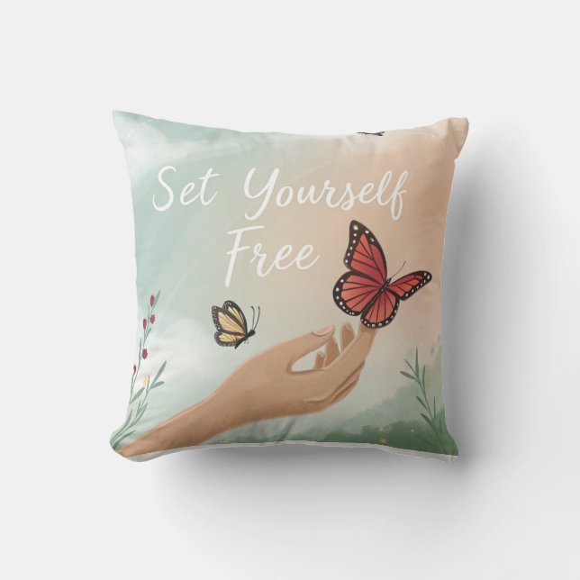 “Set Yourself Free – Butterfly Release Art” Throw Pillow (Front)