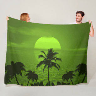 Setting Sun Green Tropics Palm Beach Fleece Blanket