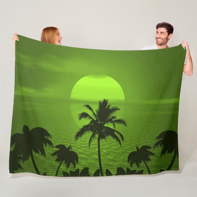 Setting Sun Green Tropics Palm Beach Fleece Blanket (In Situ)