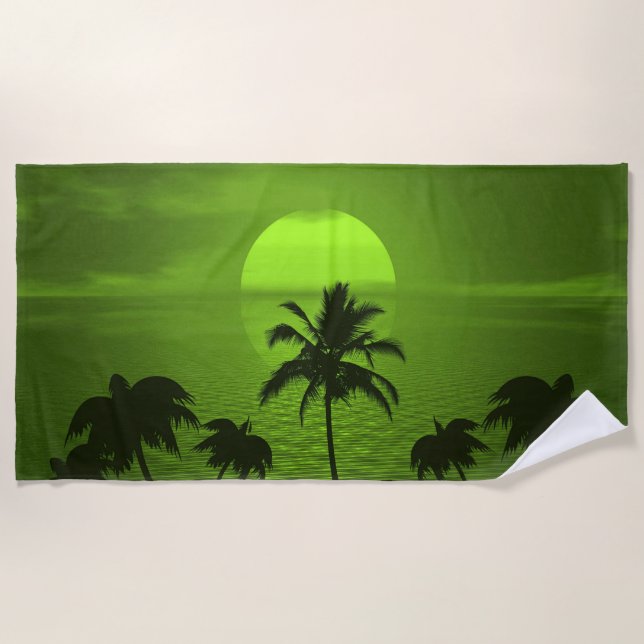 Setting Sun Green Tropics Palm Beach Towel (Front)