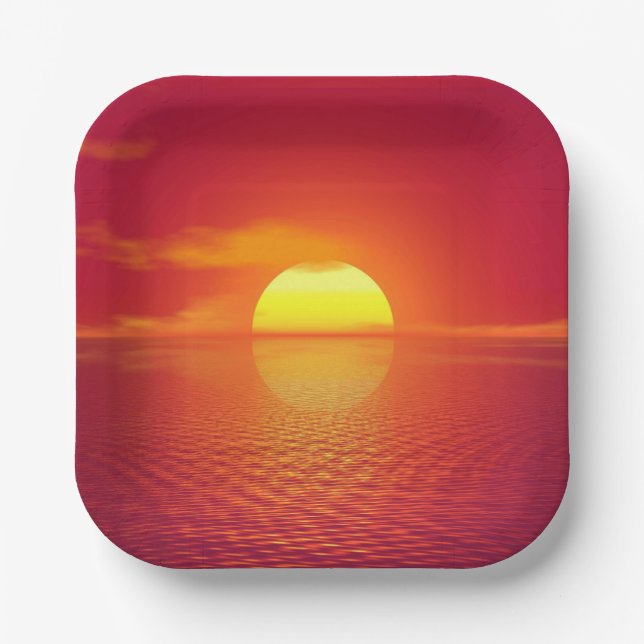 Setting Sun over Orange Sea Calm Ocean Sunset  Paper Plate (Front)