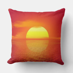 Setting Sun over Orange Sea Calm Ocean Sunset Throw Pillow