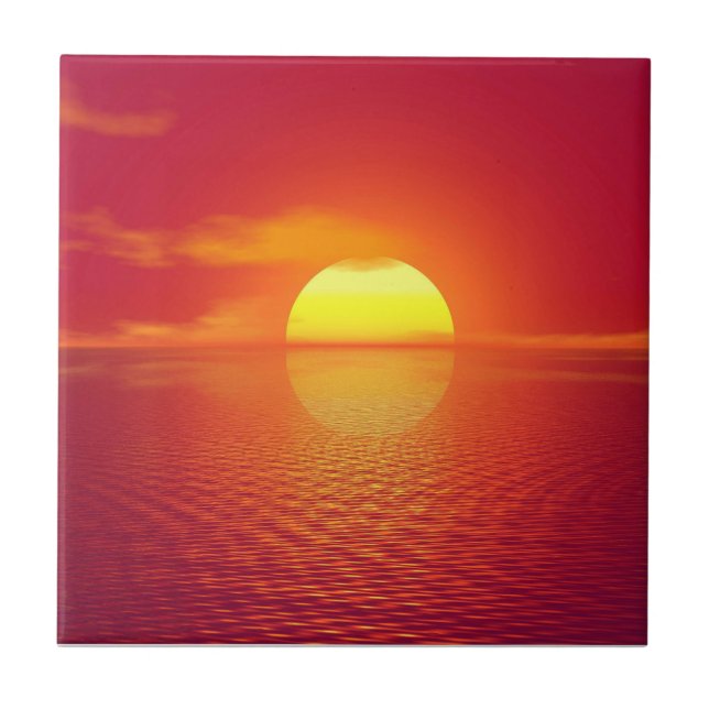 Setting Sun over Orange Sea Calm Ocean Sunset  Tile (Front)