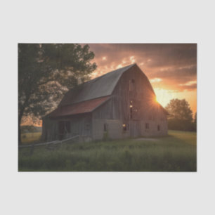 Setting Sun Peaking Around a Large Wooden Barn Tissue Paper