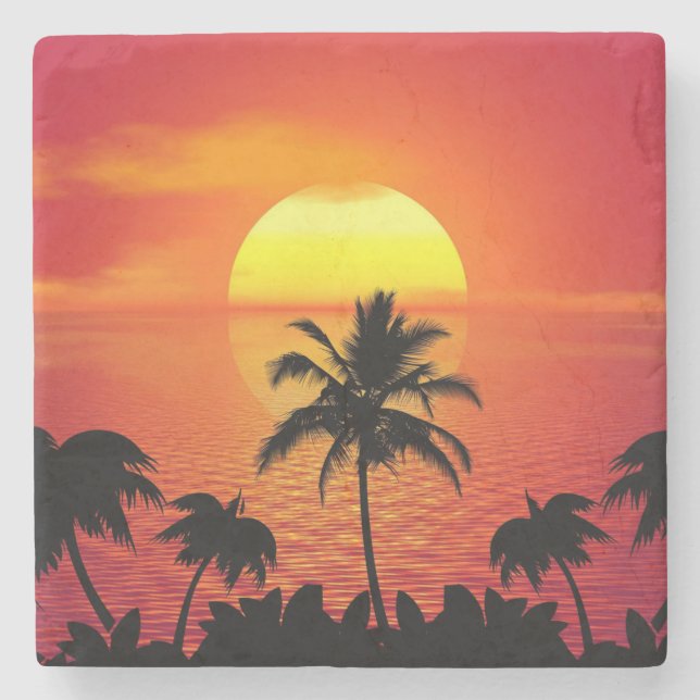 Setting Sun Red Tropics Palm Beach Stone Coaster (Front)