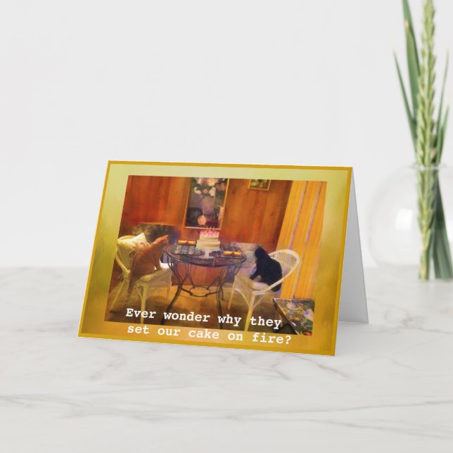 Setting the cake "on fire"!! --  Cat Birthday Card (Front)