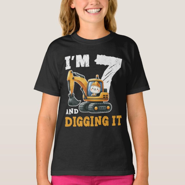 Seven 7yr 7th Birthday Digger Boy Construction T-Shirt (Front)