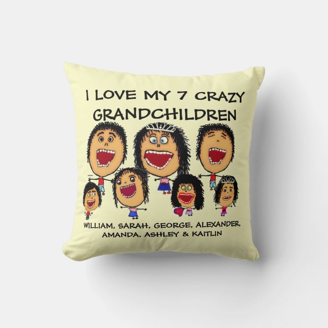 Seven Grandchildren Cartoon Throw Pillow (Front)