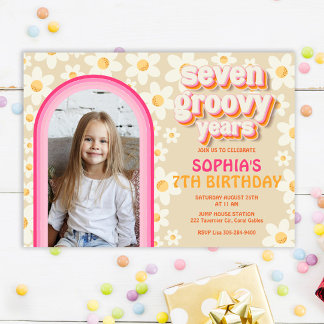 Seven Groovy Retro Daisy Photo Birthday Invitation
