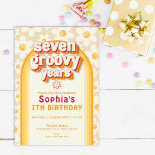 Seven Groovy Years Boho Daisy Rainbow Birthday Invitation