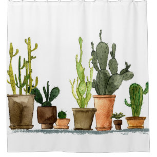 Seven hand drawn green watercolor cactus in brown 
