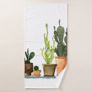 Seven hand drawn green watercolor cactus in brown  bath towel