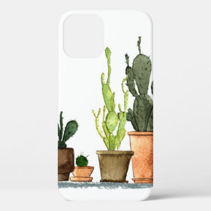 Seven hand drawn green watercolor cactus in brown iPhone 12 case