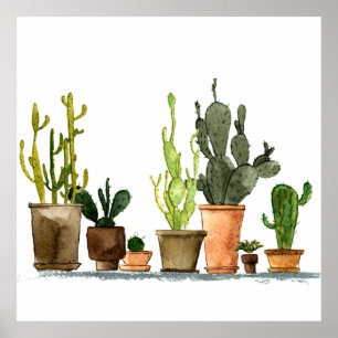 Seven hand drawn green watercolor cactus in brown  poster