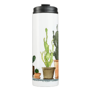 Seven hand drawn green watercolor cactus in brown  thermal tumbler